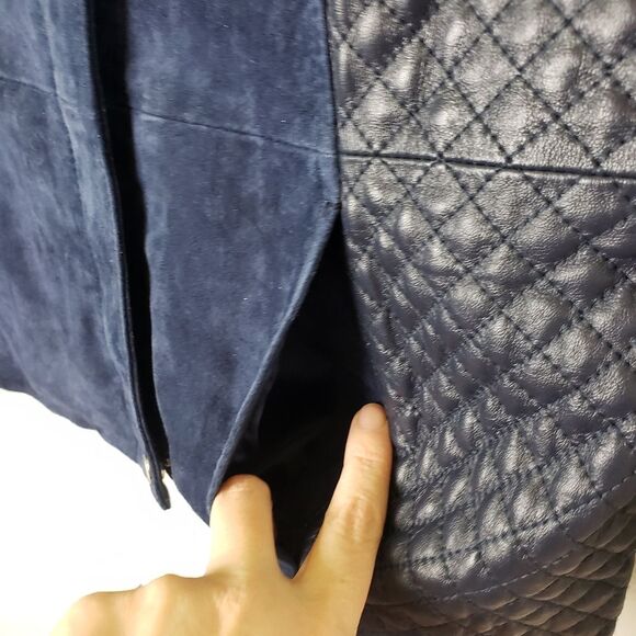 Isaac Mizrahi Live Women's Navy Blue Suede Moto Leather Quilted Zip Up Jacket 4 - Picture 3 of 14